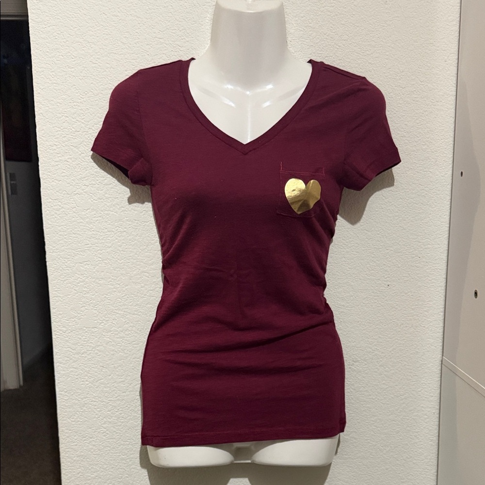 NOBO Burgundy V-Neck Tee with Gold Heart